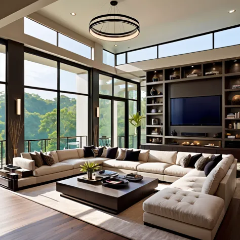 Design a luxurious and modern living room with high ceilings and a sophisticated aesthetic. The room features a large sectional ...