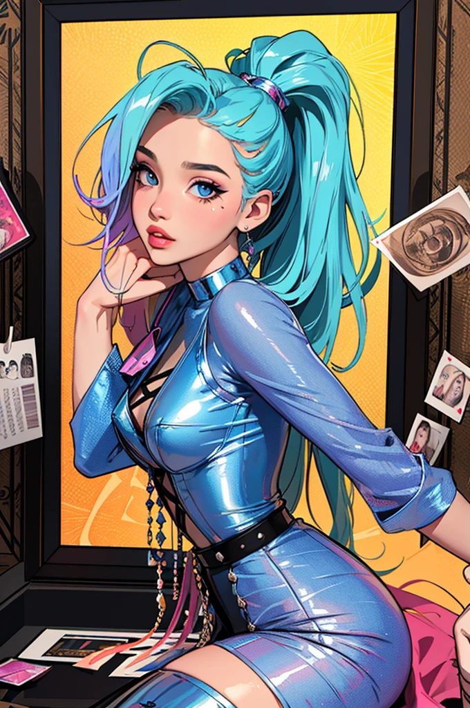 (masterpiece, top quality, best quality, official art, beautiful and aesthetic:1.2), young (1girl:1.3),  hair, long hair, (colorful eyes:1.3), extremely detailed, colorful, (highly detailed CG illustration), (looking at viewer), cinematic light, solo, half body, (character focus), ),, extravagant makeup, full lips, sexy pose, clothes ASIDE , used condoms, partially naked, shiny skin, seraphine1, blue ponytail, (slutty outfit)