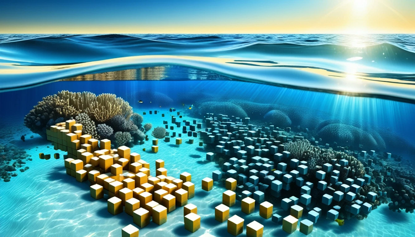 A fascinating and beautiful sea with plenty of water and fish, Many small RAL-3D cubes float and sink into the ocean, Surrounded by fantastic light