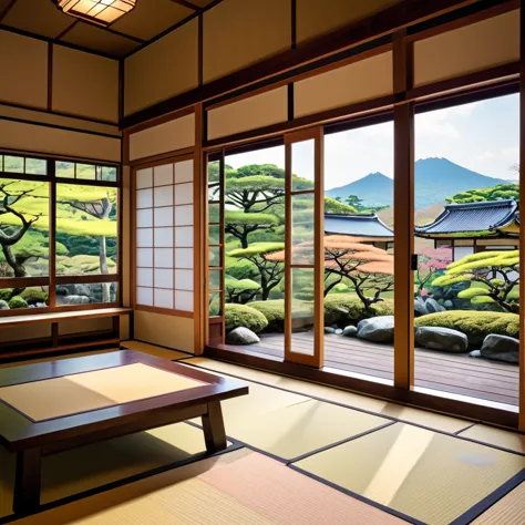 From inside Mugen Castle you can see the view of the garden outside.、The room is warm and Japanese style.