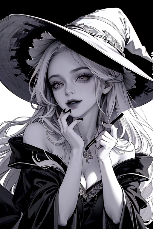 Highest quality, (Background details), High Contrast, so beautiful, Detailed original illustrations, Beautiful Face、Sensual, , witch, witch hat, Black Robe, Slim and beautiful legs、Holding a wizard's wand, Delicate face, Charm, Bad boy, sexy, Real breasts, Crazy Smile, Crazy Eyes, Black background, (Black background: 1. 5) Beautiful line art, Monochrome