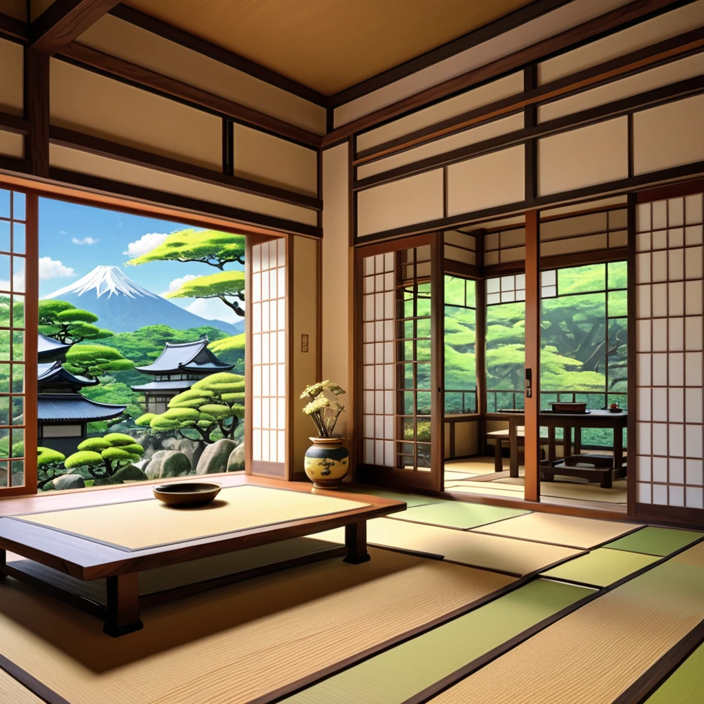 From inside Mugen Castle you can see the view of the garden outside.、The room is warm and Japanese style.、Ghibli-inspired interiors and buildings、The depiction is realistic、3d