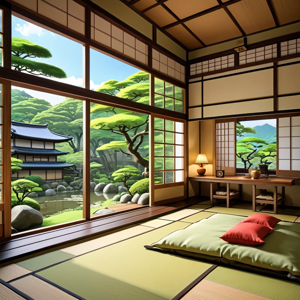 From inside Mugen Castle you can see the view of the garden outside.、The room is warm and Japanese style.、Ghibli-inspired interiors and buildings、The depiction is realistic、3d