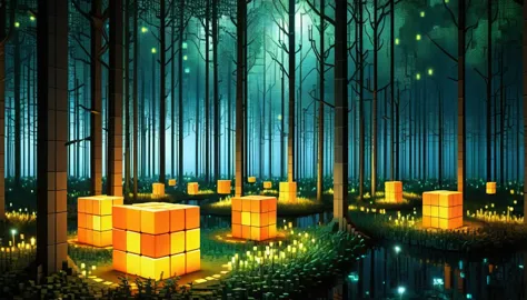 an enchanted forest made up of ral-3d cubes, there are lots of small wildlife,surrounded by the fantastic light of fireflies,ver...