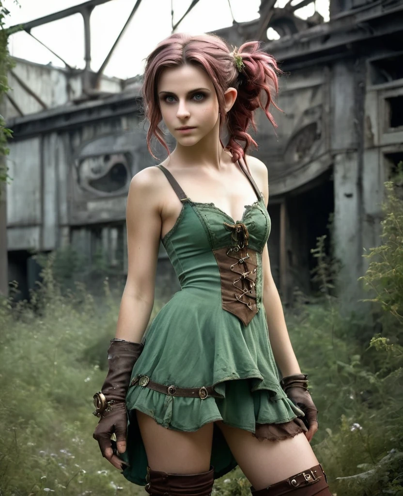 cute elf, (teenage elf  with extremely cute eyes)), (((elf))), ((((high resolution))), (((extremely detailed))), ((masterpiece)), looks like Aerith Gainsborough, dramatic shadows, depth of field, analog photo style, (world in which are collide steampunk and postapocalyptic vibes), postapocalyptic cute female in steampunk aesthetic, torn dirty clothes, depth of field, full body shot, unzoomed, (perfect body: 1.4), (sidecut short hairstyle), (stalking is quite common, although not the best way to make a living), stylized atmosphere of unreality, dark atmosphere, dynamic pose, in motion, Armageddon, increase cinematic lighting, highly lifelike skin texture, parted lips, weary eyes, fine eyes, whitened skin, random hair colour, doomsday aura