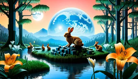 An enchanted forest made up of RAL-3D cubes, There are lots of small animals,Wrapped in the magical light of the moon,Very beaut...