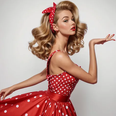 attractive blonde pin-up girl showing air kiss, full length in red dress with big polka dots, wavy short pin-up hairstyle with r...