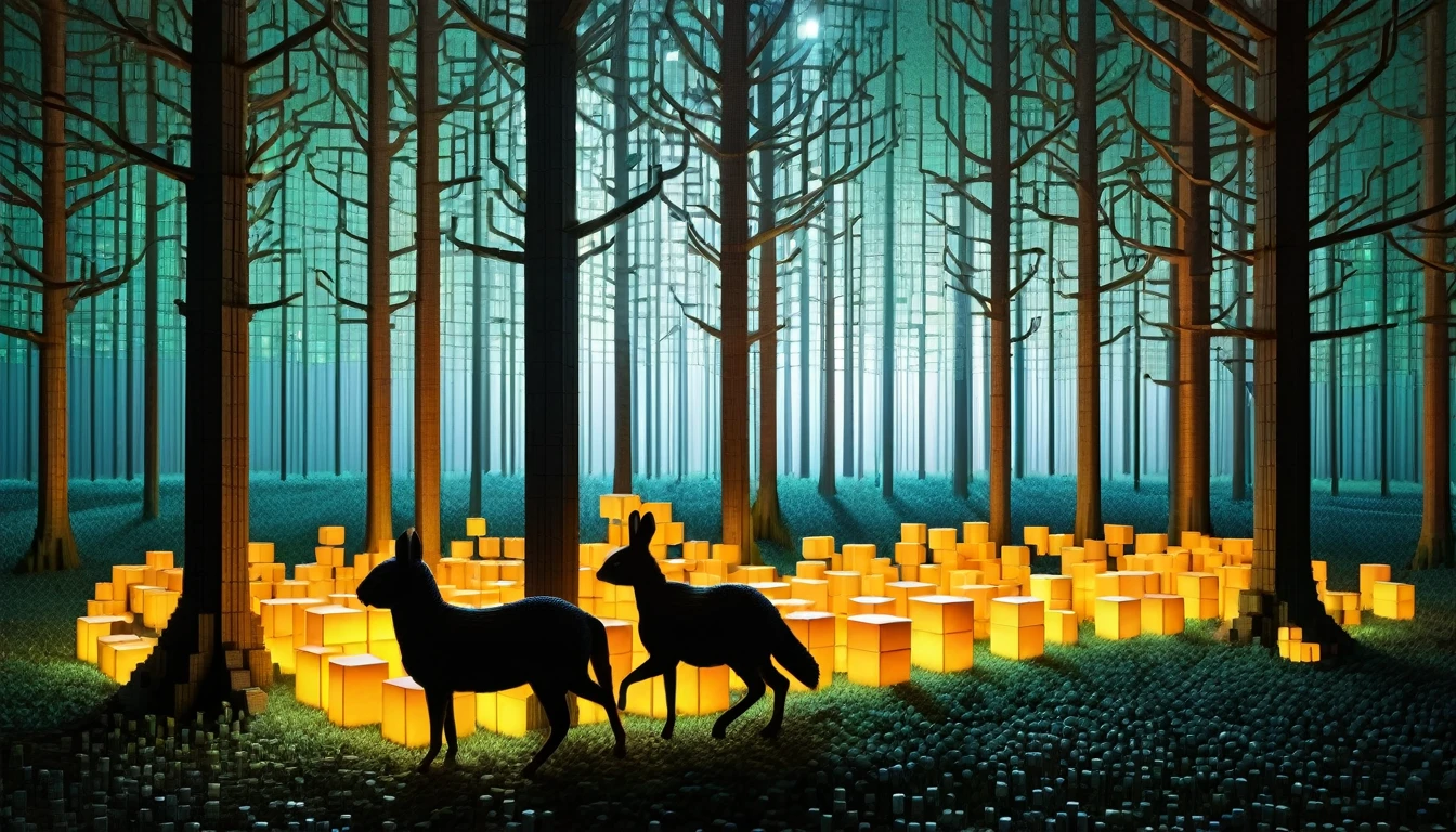 An enchanted forest made up of RAL-3D cubes, There are lots of small animals,Surrounded by fantastic light,Very beautiful secret forest,Many small baby rabbits and squirrels are gathered together