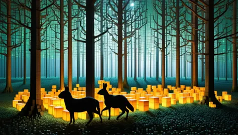 An enchanted forest made up of RAL-3D cubes, There are lots of small animals,Surrounded by fantastic light,Very beautiful secret...