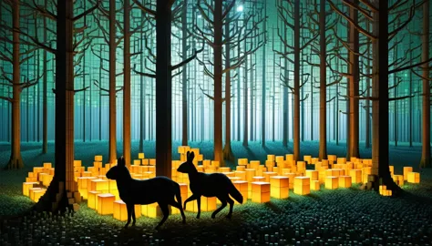 an enchanted forest made up of ral-3d cubes, there are lots of small animals,surrounded by fantastic light,very beautiful secret...