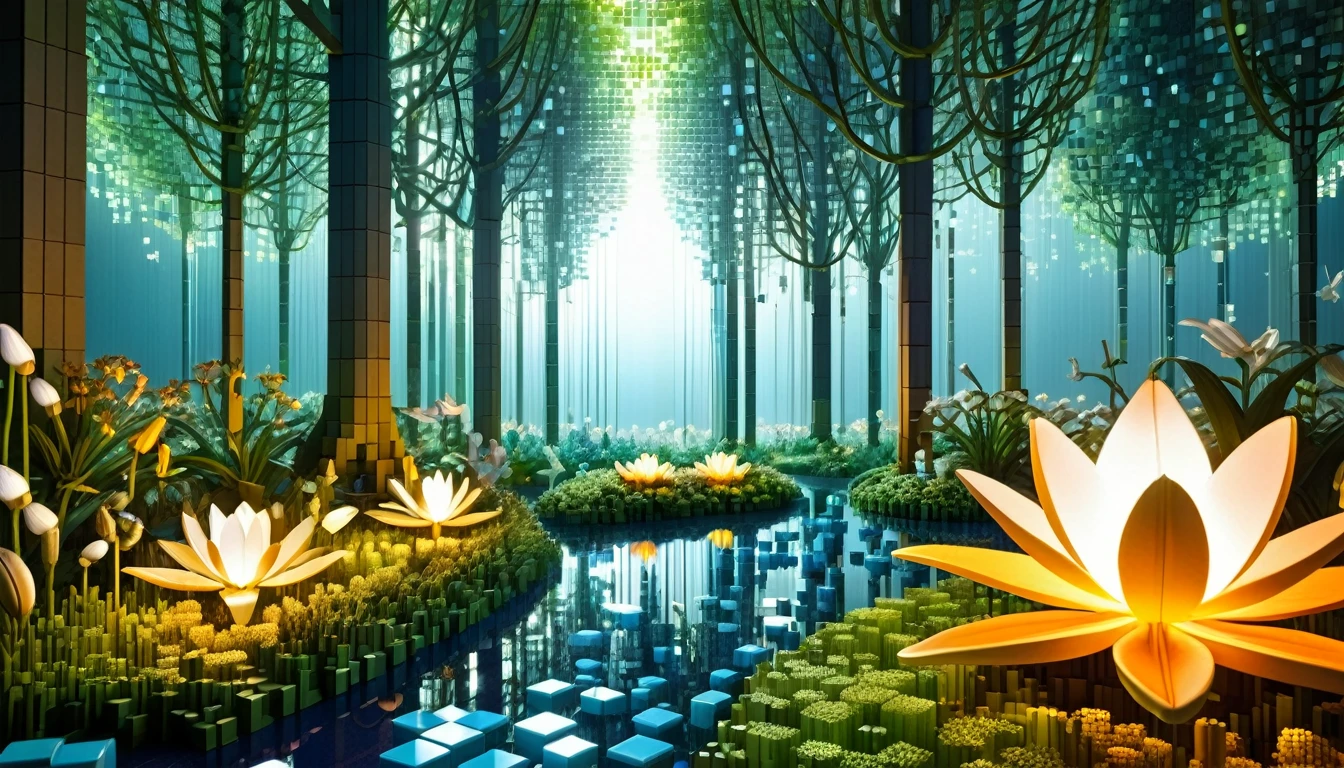 An enchanted forest made up of RAL-3D cubes, There are lots of small animals,Surrounded by fantastic light,Very beautiful secret forest,Small rabbits and lilies are gathered together