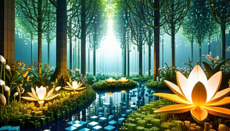 an enchanted forest made up of ral-3d cubes, there are lots of small animals,surrounded by fantastic light,very beautiful secret...