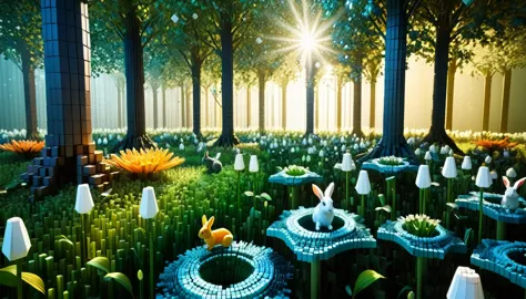 an enchanted forest made up of ral-3d cubes, there are lots of small animals,surrounded by fantastic light,very beautiful secret...