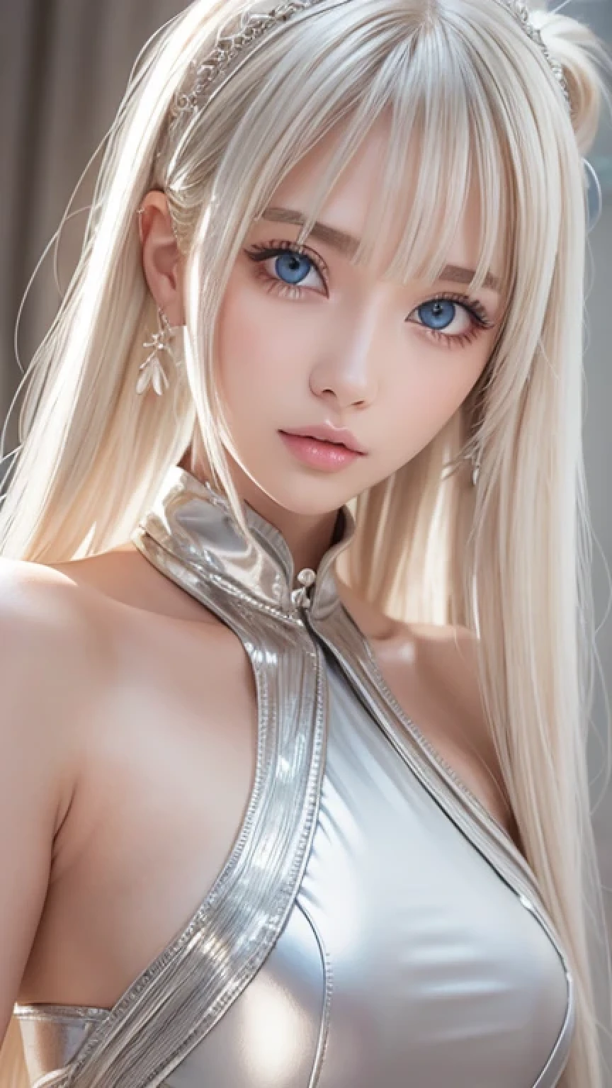 Platinum blonde hair is super long and stringy straight.、Polate、、Bright expression、ponytail、Young and shiny white glossy skin、The best beauty、Shiny bright hair、Shiny beautiful bangs、Double eyelids、Eyes Liner、Big clear blue eyes，Shining with a captivating light、Small Face、Very nice cute pretty 18 year old eastern european girl、Large bust