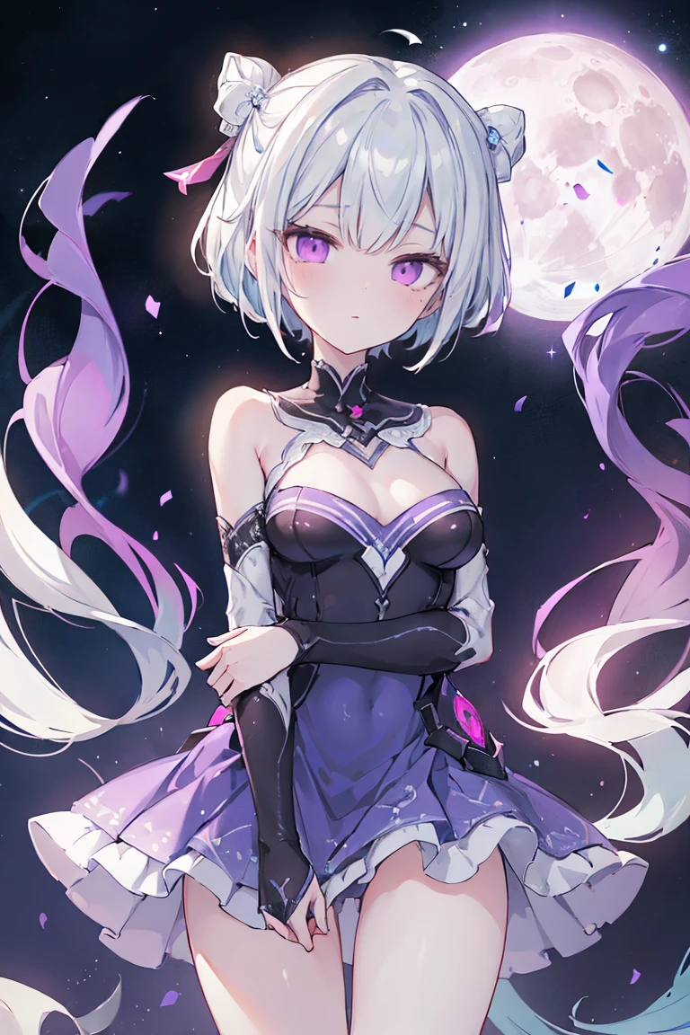 1girl, anime, cute girl, blank background, white background, fantasy, detailed fantasy dress with highlights, beautiful face, beautiful eyes, dark colors, black hair with multicolor streaks, red eye with different color pupil in eye, multicolor eye, medium breasts, slight cleavage, beautiful skin, cute, breast curtains, extremely delicate and beautiful, (beautiful detailed face:1.0), (detailed deep eyes), symmetrical breasts, deep eyes, shiny skin, portrait, slender waist, hips wider than shoulders, thighs, expressionless, young girl, luminous eyes, adorable，（Kpop idol）,（aegyo sal：1），（Platinum blonde hair：1），（（puffy eye）），Black panty，sexy posture，Superskirt, Ultra-high resolution，Black collar，slim figure, Abdominal y tattoo, womb tattoo，Tight-fitting leg ring，y tattoo on half-body，Bare skin, Armored hand，Hidden fingertips，Hand covered，Arm covered，Fist covered,{{beautiful detailed fingers}}, tufts of hair, moderate beautiful breast:1.0,(masterpiece:1.2), best quality, high-res, HDR, perfect face, intricate armor, delicate blue filigree, intricate filigree, red metalic parts, detailed part, dynamic pose, dynamic lights, cute face, neutral expression, shuimobysim, lotus, Hanfu, maxi skirt, dress conservatively 1girl, solo, long blue hair, standing, One lady,14years,((White hair) ,(Shiny purple bodysuit with microskirt),((Fantasy, Moon Night)), Gradient_eyes,