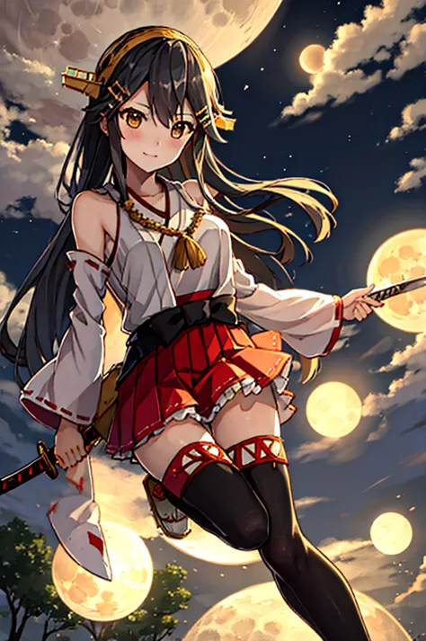 Fleet Collection,Haruna,Miko costume,Holding a Japanese sword,Full moon night,