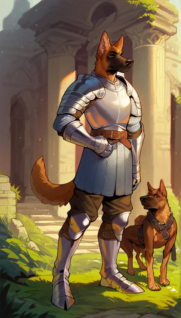 score_9, score_8_up, score_7_up, score_6_up, score_5_up, score_4_up, 
(Dog), solo, male, (athletic, anthro, brown fur, tail), full body, medieval, (sentinel, wearing sentinel leather armor), temple background