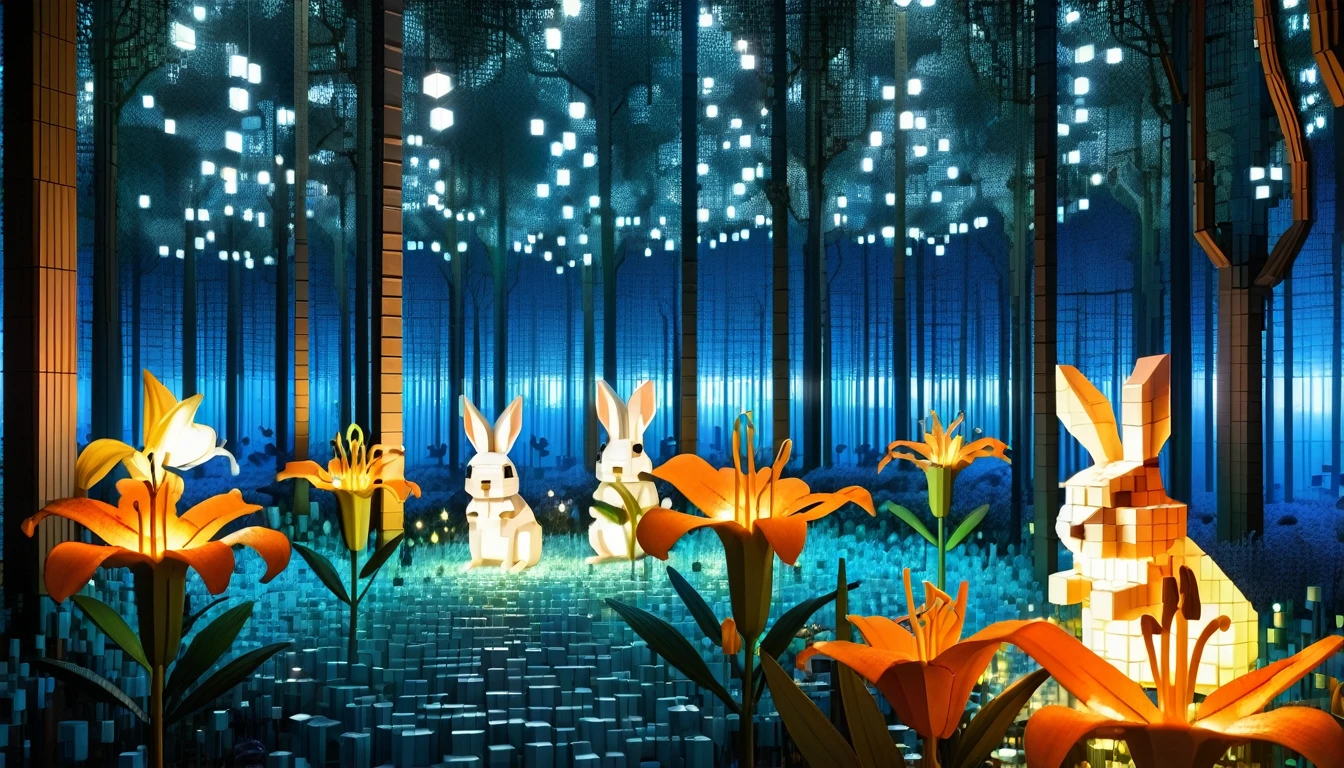 An enchanting night forest made up of RAL-3D cubes, There are lots of small animals,Wrapped in the fantastic light of the night,Very beautiful secret forest,Small rabbits and lilies are gathered together