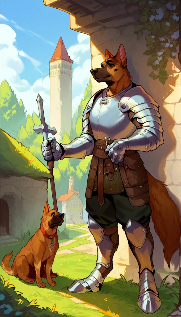 score_9, score_8_up, score_7_up, score_6_up, score_5_up, score_4_up, 
(Dog), solo, male, (athletic, anthro, brown fur, tail), full body, medieval, (sentinel, wearing sentinel leather armor), temple background