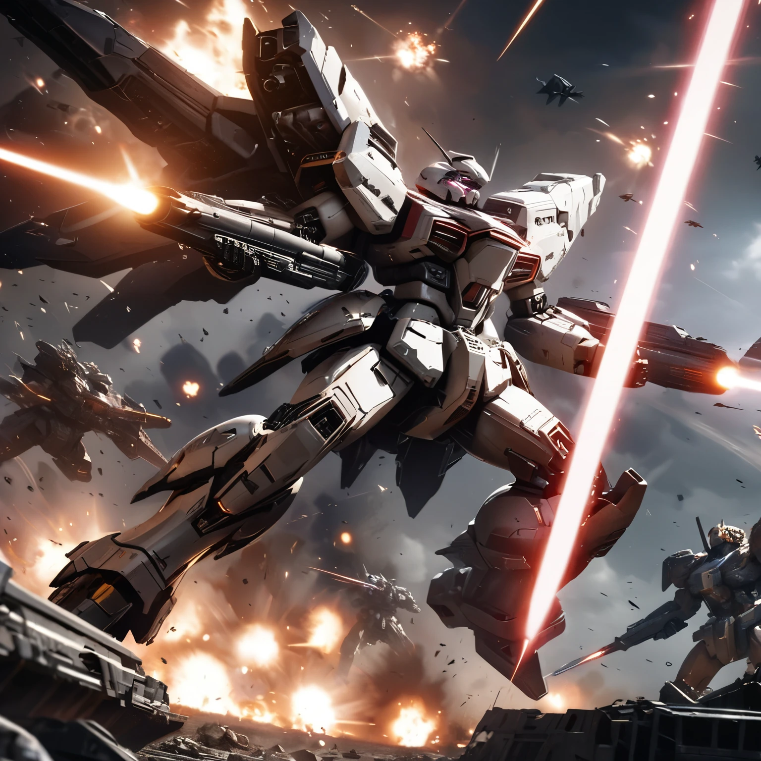 a massive epic intergalactic space battle, ships firing powerful beam cannons, beamsabers clashing, glowing shields, detailed mecha designs, dramatic lighting, cinematic composition, hyper-detailed, 8k, photorealistic, dramatic, dynamic, intense, sci-fi, mecha, war, explosion, energy, futuristic