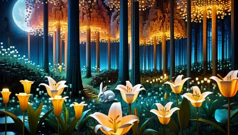 An enchanting night forest made up of RAL-3D cubes, There are lots of small animals,Wrapped in the fantastic light of the night,...