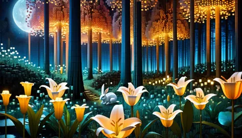 an enchanting night forest made up of ral-3d cubes, there are lots of small animals,wrapped in the fantastic light of the night,...