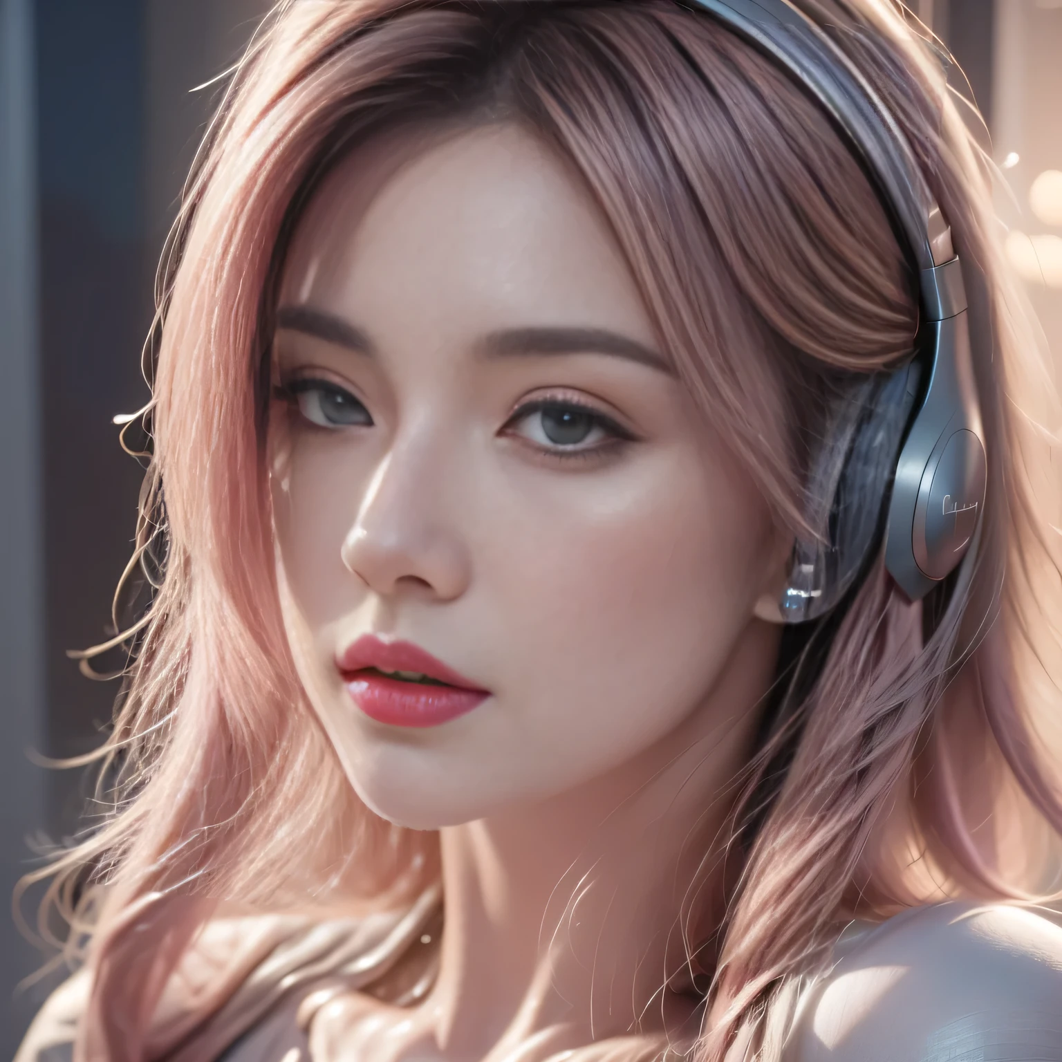 Wearing headphones、Close-up of a person with pink hair, Popular on cgstation, Atjem and atey ghailan, Game CG, Unreal Engine, Atjem ; 3DUnreal Engine, style Atjem, style of Atjem, Game engine, Front Energy Game Card, extremely detailed Atjem