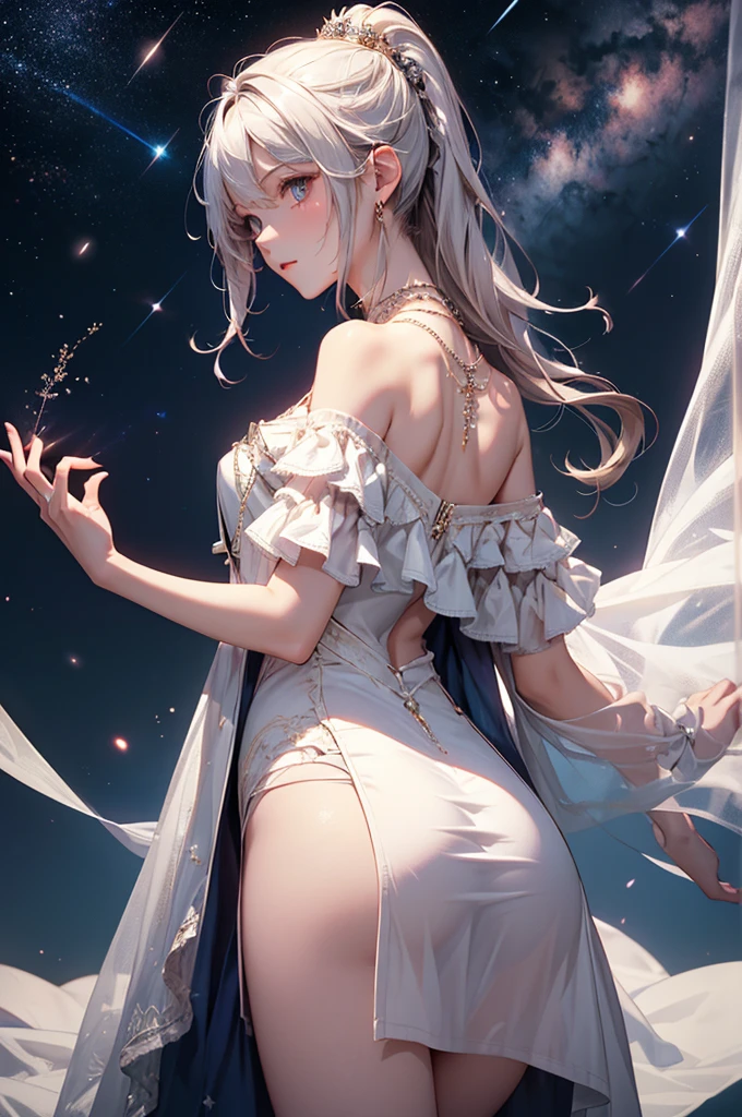 (masterpiece:1.5, Highest quality, Very detailed、 Dutch Angle、Semi-Realistic、Fantasy)(One girl, alone)(White and beautiful hair:1.4,,Straight Long Hair)(White based dress)、((Off the shoulder、Medium Chest、ruby ​​necklace))(from backside,The buttocks are slightly visible、Legs wrapped in tights)(Beautiful starry sky、Mystical Night、Particles of light float around the woman、Fantasyな空間)Kiana Kaslana
