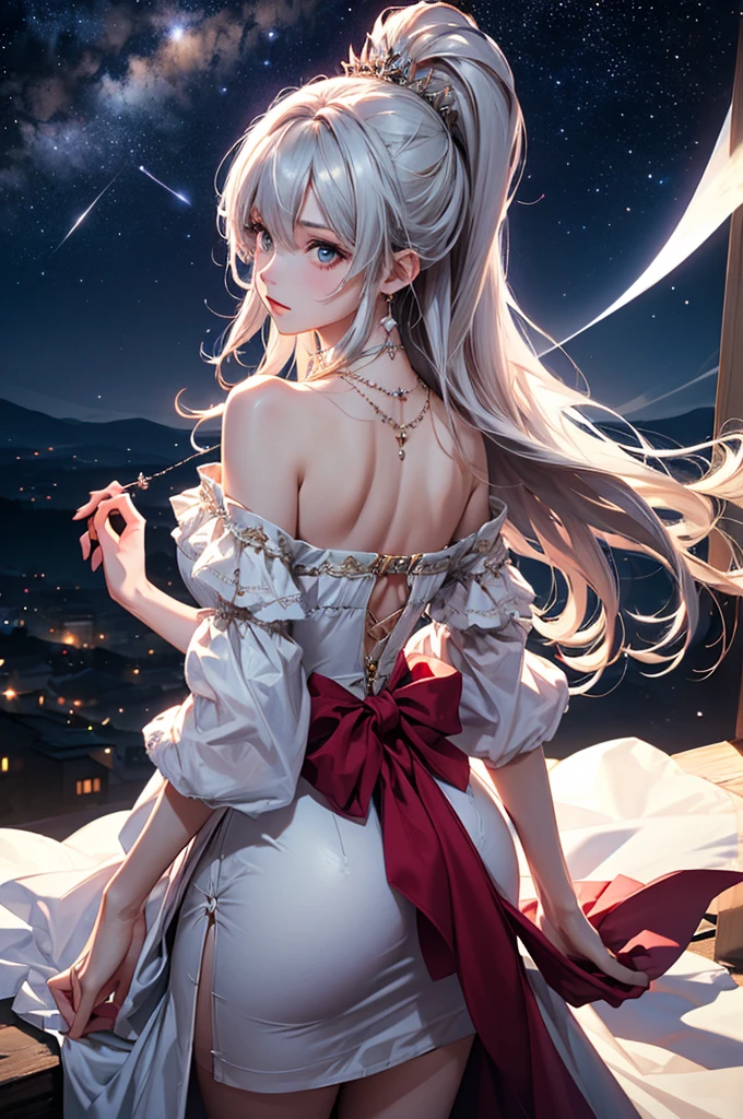 (masterpiece:1.5, Highest quality, Very detailed、 Dutch Angle、Semi-Realistic、Fantasy)(One girl, alone)(White and beautiful hair:1.4,,Straight Long Hair)(White based dress)、((Off the shoulder、Medium Chest、ruby ​​necklace))(from backside,The buttocks are slightly visible、Legs wrapped in tights)(Beautiful starry sky、Mystical Night、Particles of light float around the woman、Fantasyな空間)Kiana Kaslana
