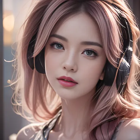 wearing headphones、close-up of a person with pink hair, popular on cgstation, atjem and atey ghailan, game cg, unreal engine, at...