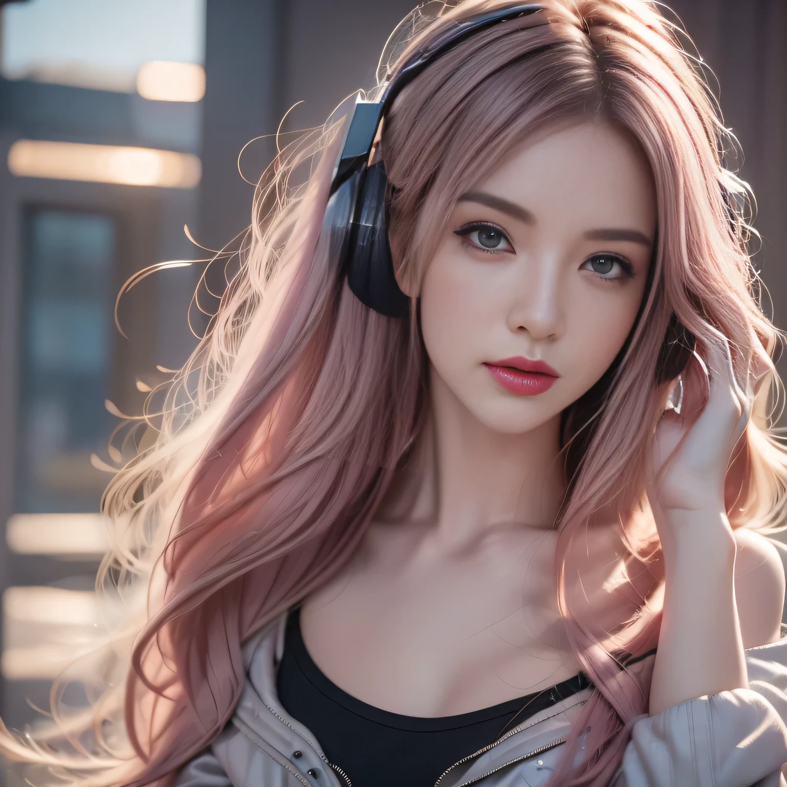 Wearing headphones、Close-up of a person with pink hair, Popular on cgstation, Atjem and atey ghailan, Game CG, Unreal Engine, Atjem ; 3DUnreal Engine, style Atjem, style of Atjem, Game engine, Front Energy Game Card, extremely detailed Atjem