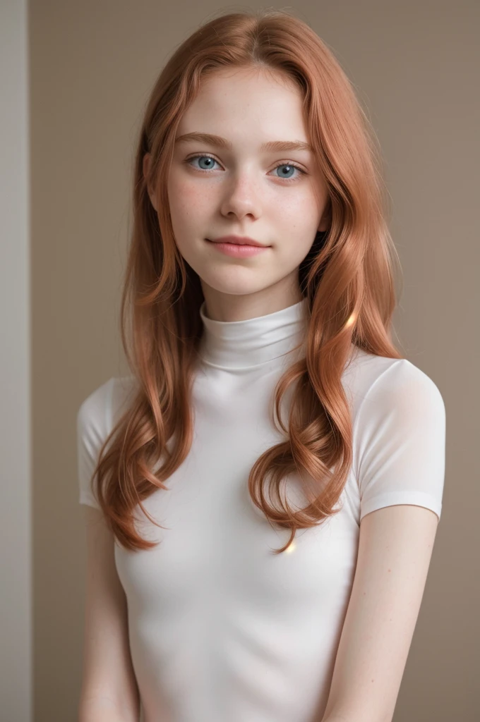 raw photo,(14yo slim redhead girl:1.2), cheek dimples, long wavy hair, blushing, graphic eyeliner, rouge, (lipstick:0.6), (choker:0.9), realistic skin texture, white turtle neck sheer leotard, (red:0.8), softcore, warm lighting, cosy atmosphere, instagram style, nsfw , naive, shy, short, thin, fit, beautiful, cute, pale skin
