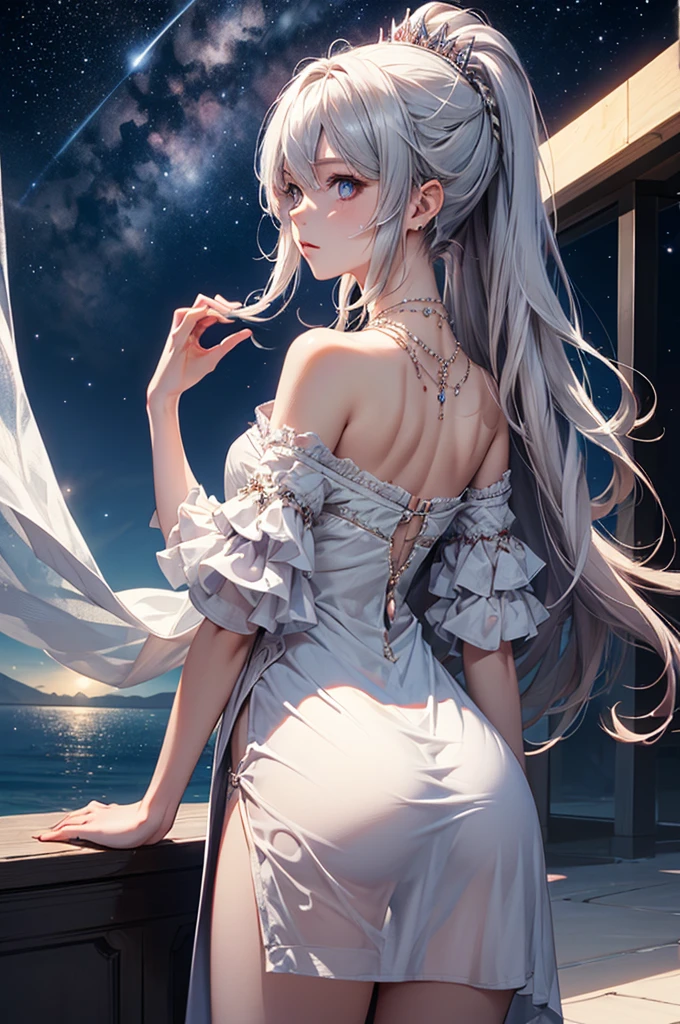 (masterpiece:1.5, Highest quality, Very detailed、 Dutch Angle、Semi-Realistic、Fantasy)(One girl, alone)(White and beautiful hair:1.4,,Straight Long Hair)(White based dress)、((Off the shoulder、Medium Chest、ruby ​​necklace))(from backside,The buttocks are slightly visible、Legs wrapped in tights)(Beautiful starry sky、Mystical Night、Particles of light float around the woman、Fantasyな空間)Kiana Kaslana
