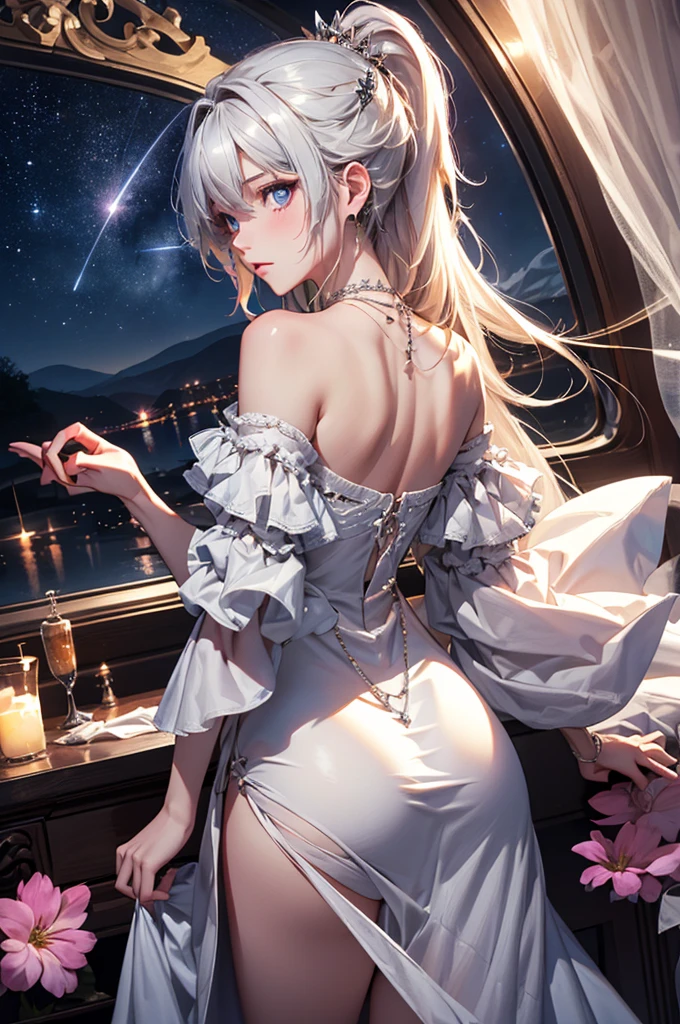 (masterpiece:1.5, Highest quality, Very detailed、 Dutch Angle、Semi-Realistic、Fantasy)(One girl, alone)(White and beautiful hair:1.4,,Straight Long Hair)(White based dress)、((Off the shoulder、Medium Chest、ruby ​​necklace))(from backside,The buttocks are slightly visible、Legs wrapped in tights)(Beautiful starry sky、Mystical Night、Particles of light float around the woman、Fantasyな空間)Kiana Kaslana
