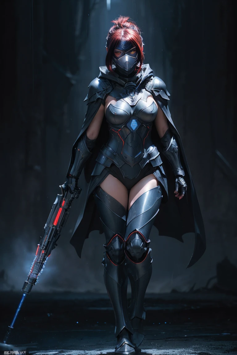 Advance heavy armored girl, grey hood and cape, background dark space battlefield, heavy rain, red short hair, blue glowing beautiful eyes, (full body shot), blue glowing lined simple armor plate, dark environment, high detailed face, Advance mask, intense war, no bra, big breast, nipple, vagina