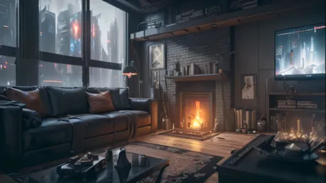 There is a living room with a fireplace and sofa., Dystopia City Apartment, Cyberpunk Apartment, Photorealistic cinematic render...