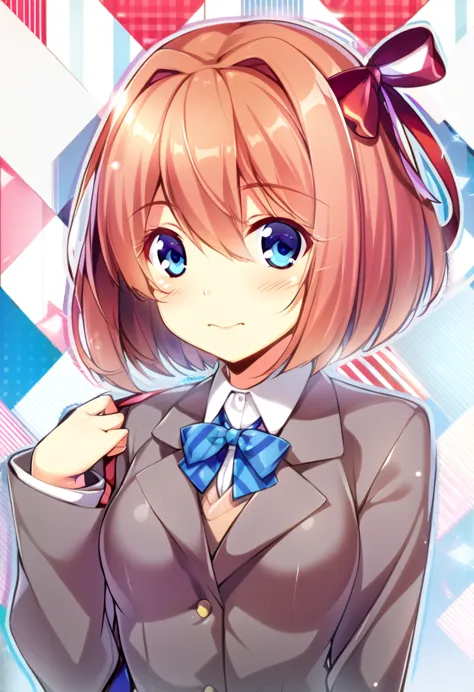 one girl, cute, blazer, bow, dokidoki literature club, sayori, my childhood friend, cute, short hair, blush, light blue eyes