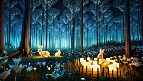 an enchanting night forest made up of ral-3d cubes, there are lots of small animals,wrapped in the light of the night,very beaut...