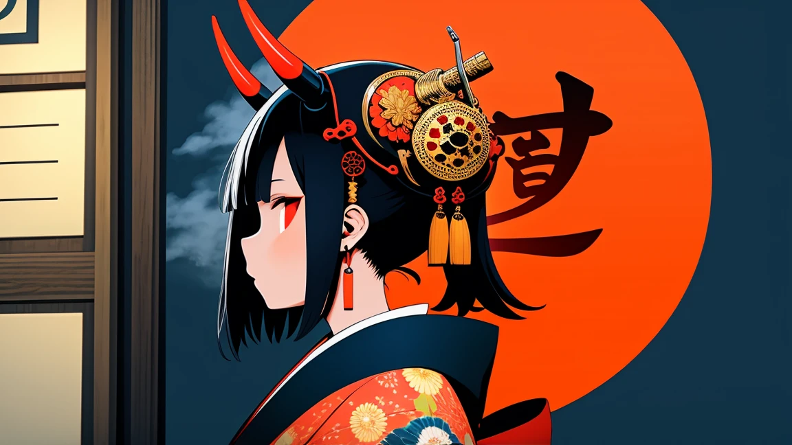 Sur Inft, Une fille, seul, cheveux noirs, bijoux, des boucles d&#39;oreilles, masque, les yeux rouges, kimono, boîte aux lettres, kimono, profil, masque on head, imprimé floral, Du côté, corne, gland, ornements de cheveux  