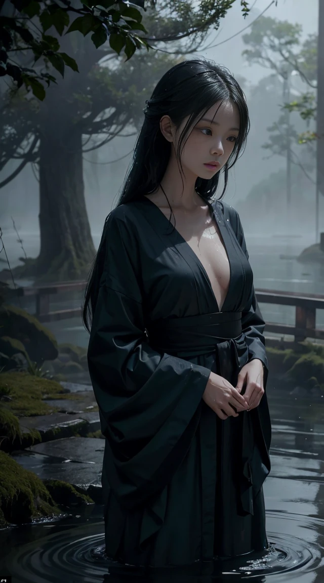 Generate an eerie image of Nure-Onna, a beautiful woman with long, wet hair and water dripping from her body. She should be depicted standing by a misty river or bridge at night, with an expression that is both sorrowful and menacing. The surrounding environment should be dark and mysterious, with a hint of danger.
