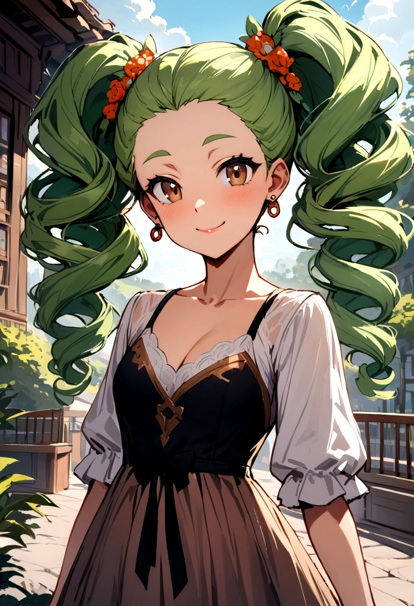 Masterpiece, High Quality, Ultra High Resolution, Solo, Outdoor, Looking at the viewer, Smiling, Kay, Alone girl, Long hair, Curly hair, Perm, Green hair, Earrings, Brown eyes, Healthy skin, Beautiful woman, Dress, Hairstyle pattern, Twin tails, Active girl, Facial features