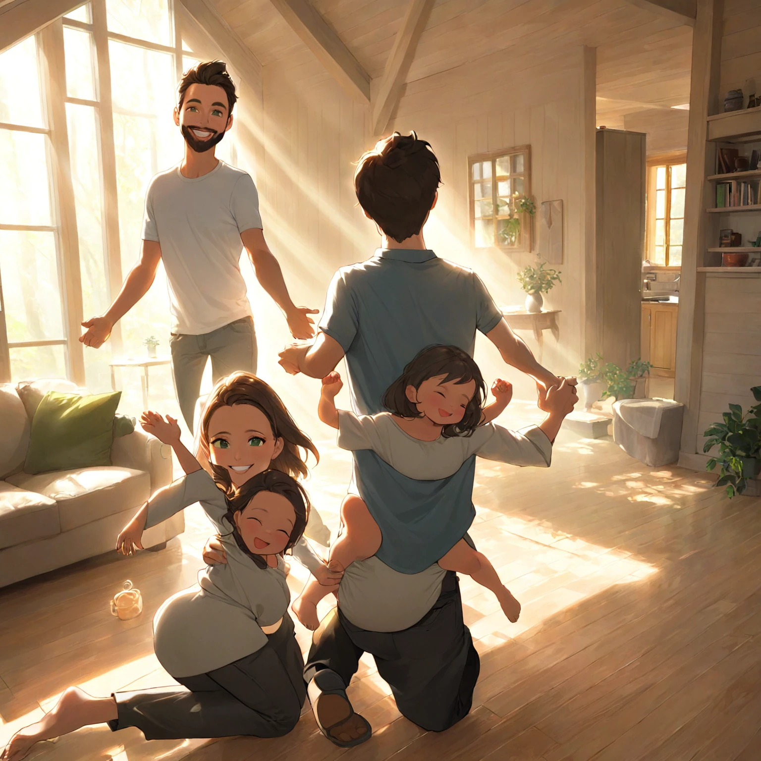 In a cozy living room filled with natural light streaming through the windows, illuminating the wooden floor, a young couple happily watches their baby take its first steps. The mother stands behind with a loving smile, while the father kneels in front, ready to catch the baby with open arms. Sunlight creates a warm glow on the wooden floor, and one of the interior walls is painted in a calming shade of green