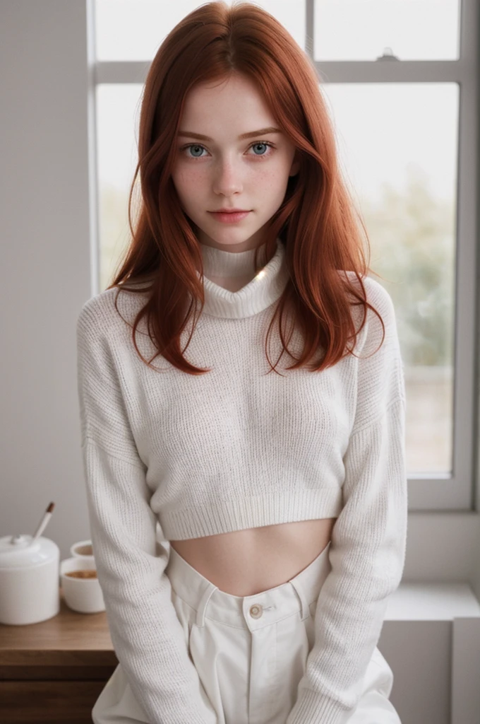 RAW-Foto,Nahaufnahme, (18yo skinny Rothead girl:1.2), Grübchen, Erröten, grafischer Eyeliner, rouge, (Lippenstift:0.6), (Halsband:0.9), realistische Hautstruktur, Oversize-Pullover aus transparentem Strick, (Rot:0.8), softcore, warmes Licht, gemütliche Atmosphäre, Instagram-Stil, Nicht für die Arbeit geeignet , naiv, schüchtern, kurz, dünn, fit, Schön, Niedlich, blasse Haut
