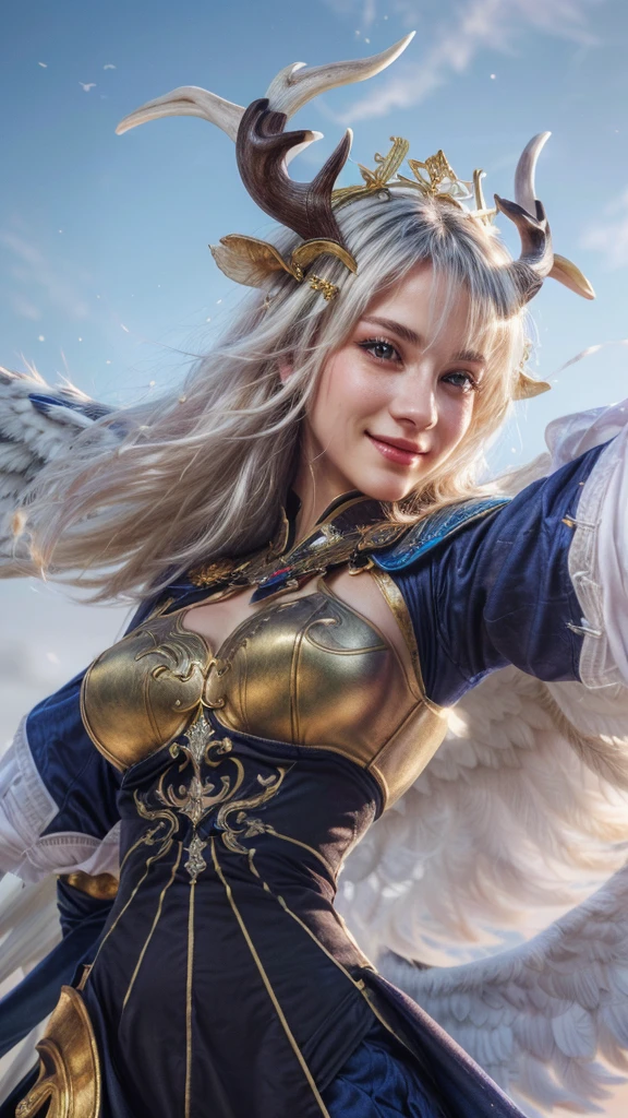 a close up of a girl with a sword and wings, white hair, with blue deer horn, smiling, portrait, knights of zodiac girl, (best quality,4k,8k,highres,masterpiece:1.2),ultra-detailed,(realistic,photorealistic,photo-realistic:1.37),HDR,UHD,studio lighting,ultra-fine painting,sharp focus,physically-based rendering,extreme detail description,professional,vivid colors,bokeh,portrait,fantasy,magical realism