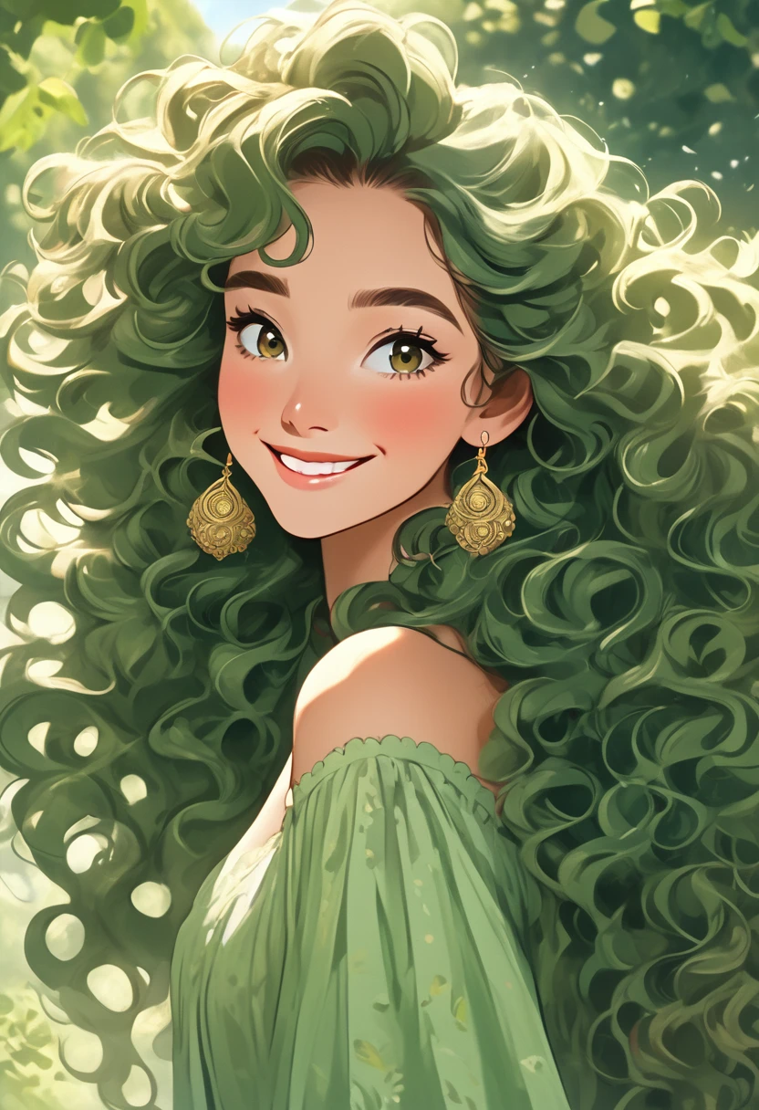 Masterpiece, High Quality, Ultra High Resolution, Solo, Outdoor, Looking at viewer, Smiling, Kay, Alone girl, Long hair, Curly hair, Perm, Green hair, Earrings, Brown eyes, Healthy skin, Beautiful woman, Dress, Hairstyle pattern, Active girl, Facial features