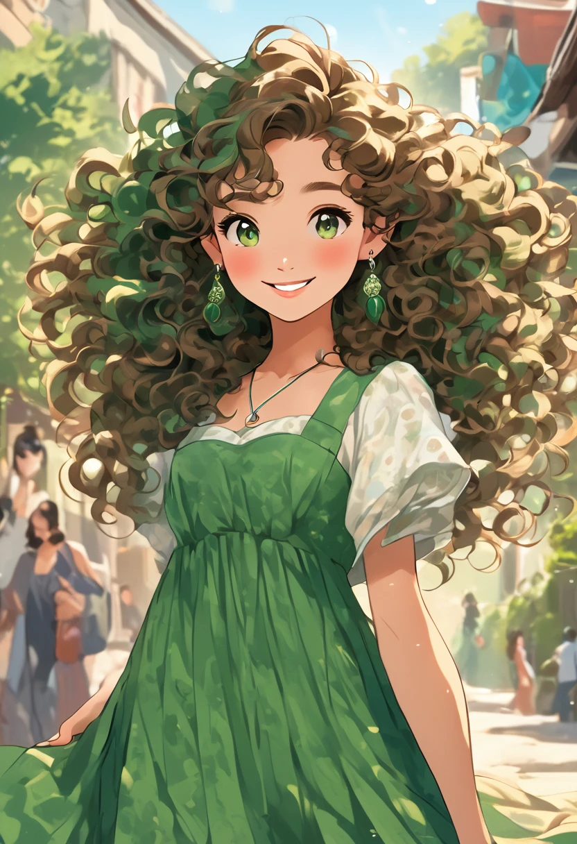 Masterpiece, High Quality, Ultra High Resolution, Solo, Outdoor, Looking at viewer, Smiling, Kay, Alone girl, Long hair, Curly hair, Perm, Green hair, Earrings, Brown eyes, Healthy skin, Beautiful woman, Dress, Hairstyle pattern, Active girl, Facial features