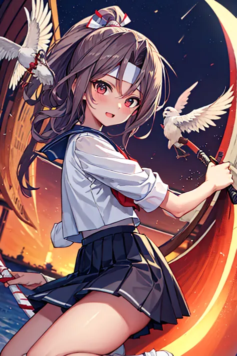 4k, highest quality, fleet collection,ruifeng,sailor suit,holding a japanese sword,night,ponytail,