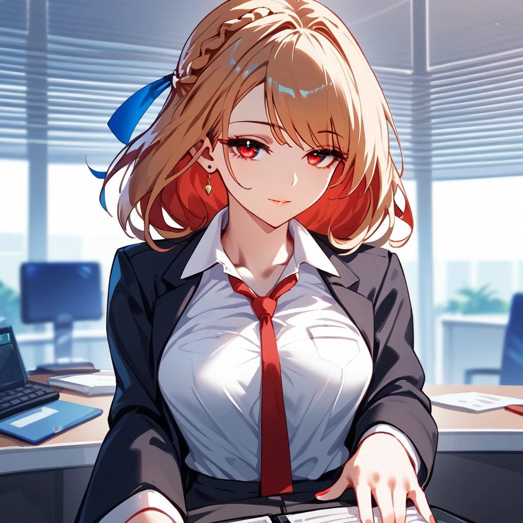 1girl, medium breasts, medium hair, (blond hair), french braid, red eyes, Office suit, score_9, score_8_up, score_7_up, score_6_up, score_5_up, score_4_up, ((sexy posing)), (sensual position), Office, BREAK, view the Watching, 