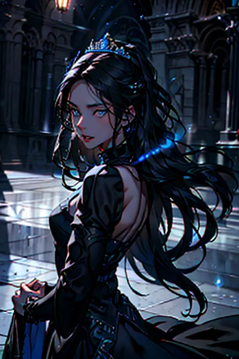 A princess screaming in hatred, detailed face, blue eyes, glowing black dress, very long hair, flying hair, magical, dark backgr...