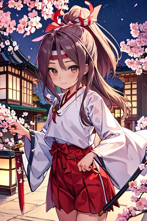 4k, highest quality, fleet collection,ruifeng,sailor suit,holding a japanese sword,ponytail,a night of falling cherry blossoms,